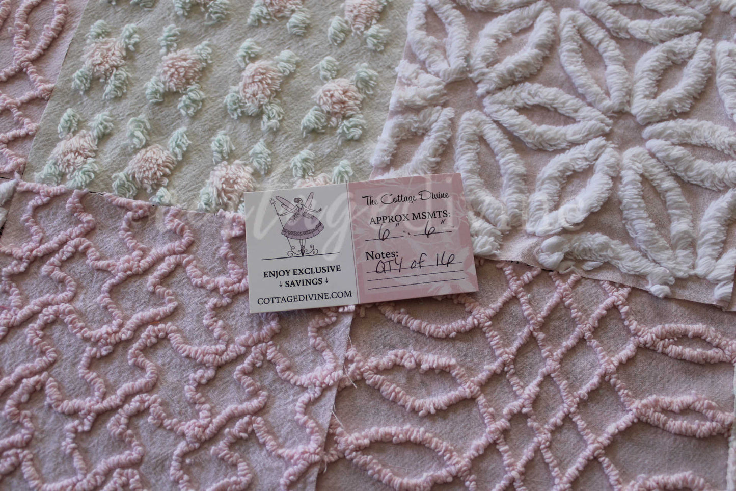 Pink Quilt Squares, Daisy Rosebud Craft Square Set from Vintage Bedspread Fabric, 16 Blocks, 6" x 6" inch
