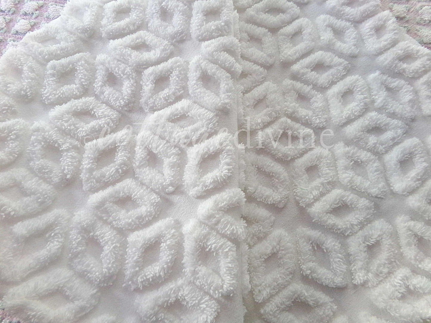 Snowflake Wedge White Vintage Chenille Fabric, 27" x 24" Piece, Snowy Geometric Wedge Daisy Design