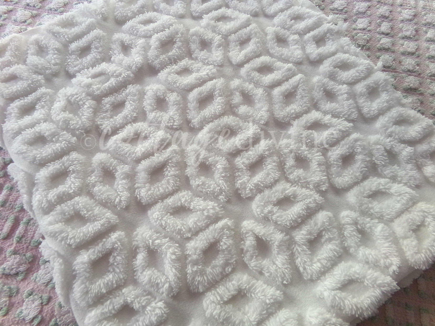 Snowflake Wedge White Vintage Chenille Fabric, 27" x 24" Piece, Snowy Geometric Wedge Daisy Design