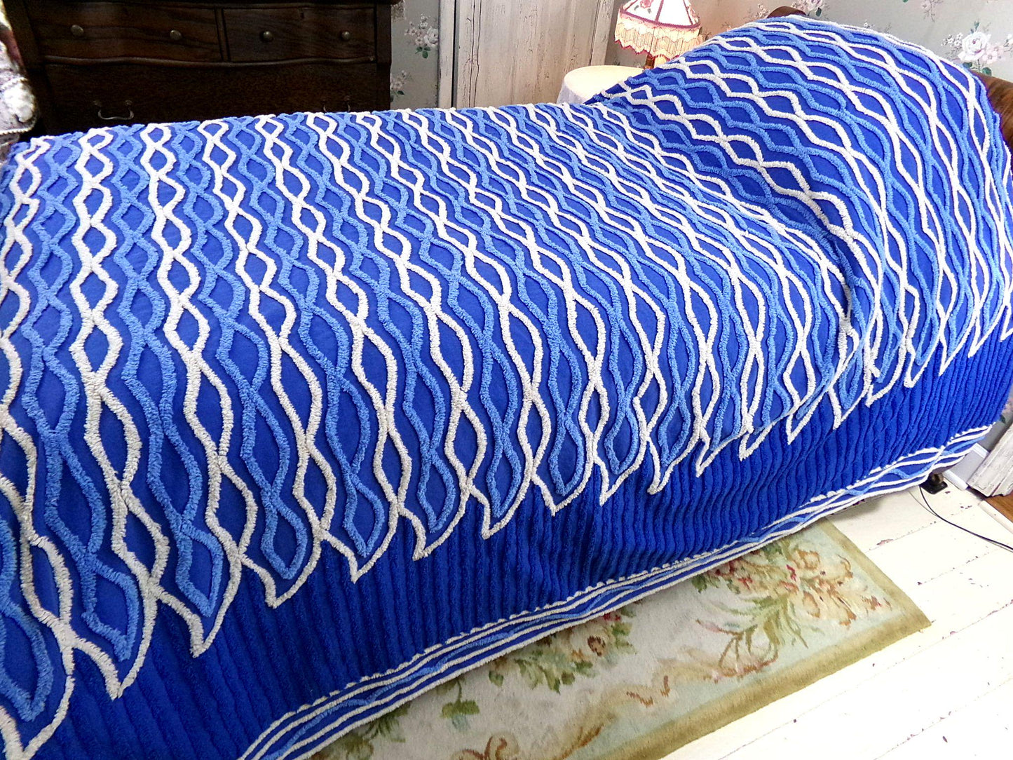 blue flame vintage chenille bedspread, dramatic unique geometric design, full size cotton bedding