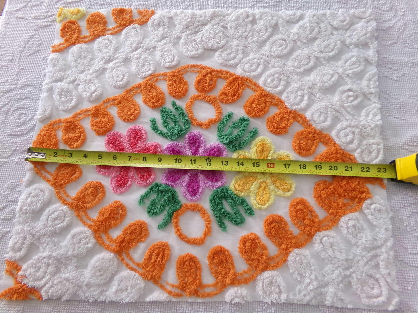 Vintage Chenille Bedspread Quilt Fabric Plush Citrus Orange Swirls & Flowers, 22" x 20" inch piece, Unique Design