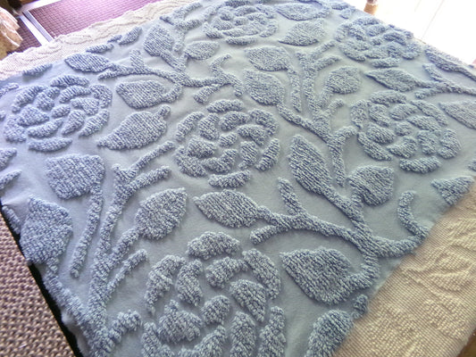 Stylized Roses Vintage Chenille Quilt Fabric, 30" x 26" inch Piece, Soothing Dusky Blue Rose Blooms, 100% Cotton