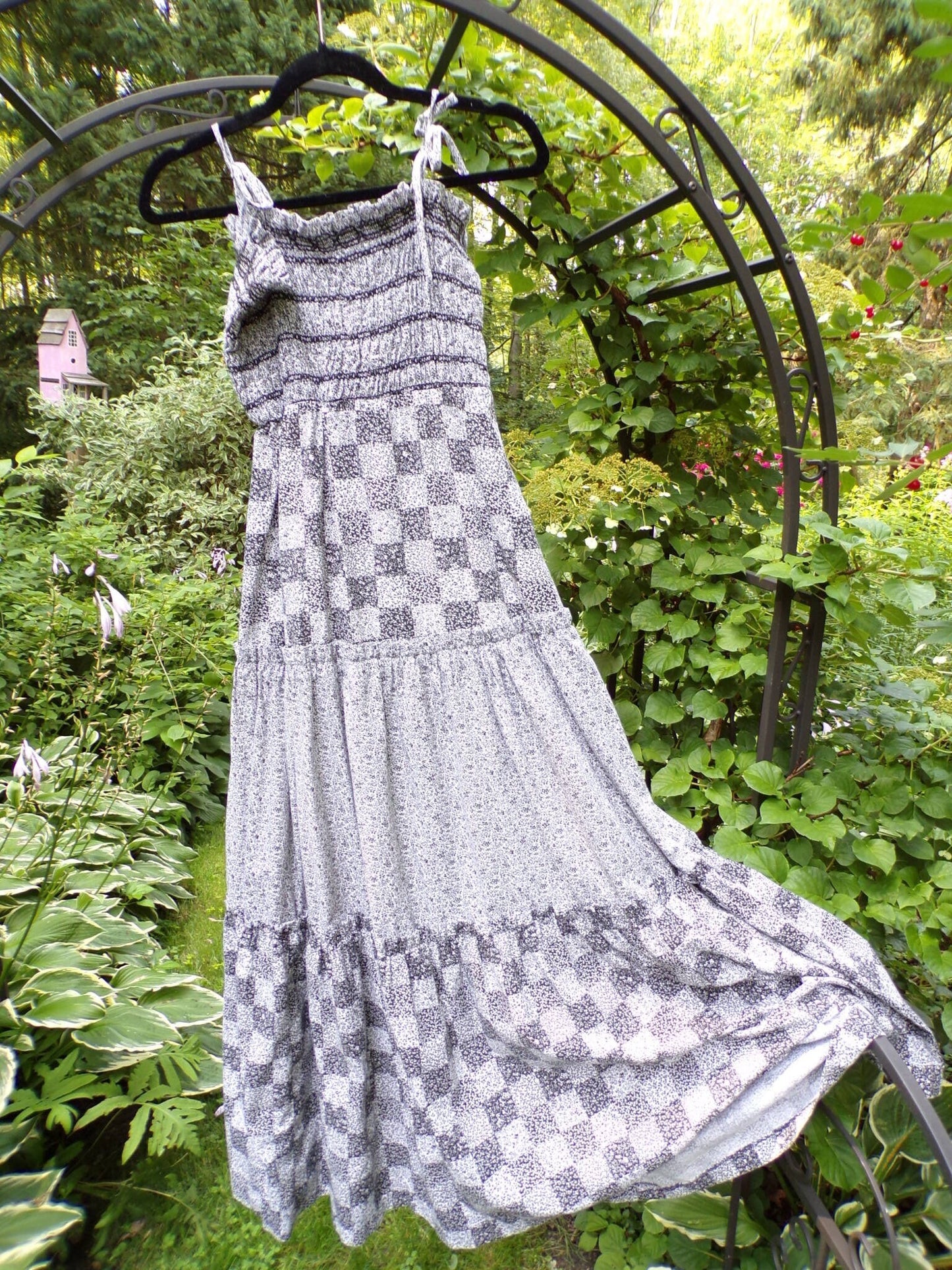 Butterfly Vintage Prairie Dress, Black & White Calico Print, Tie Strap Tiered Maxi Sundress, Candi Jones California, Boho Style Big Sweep, S