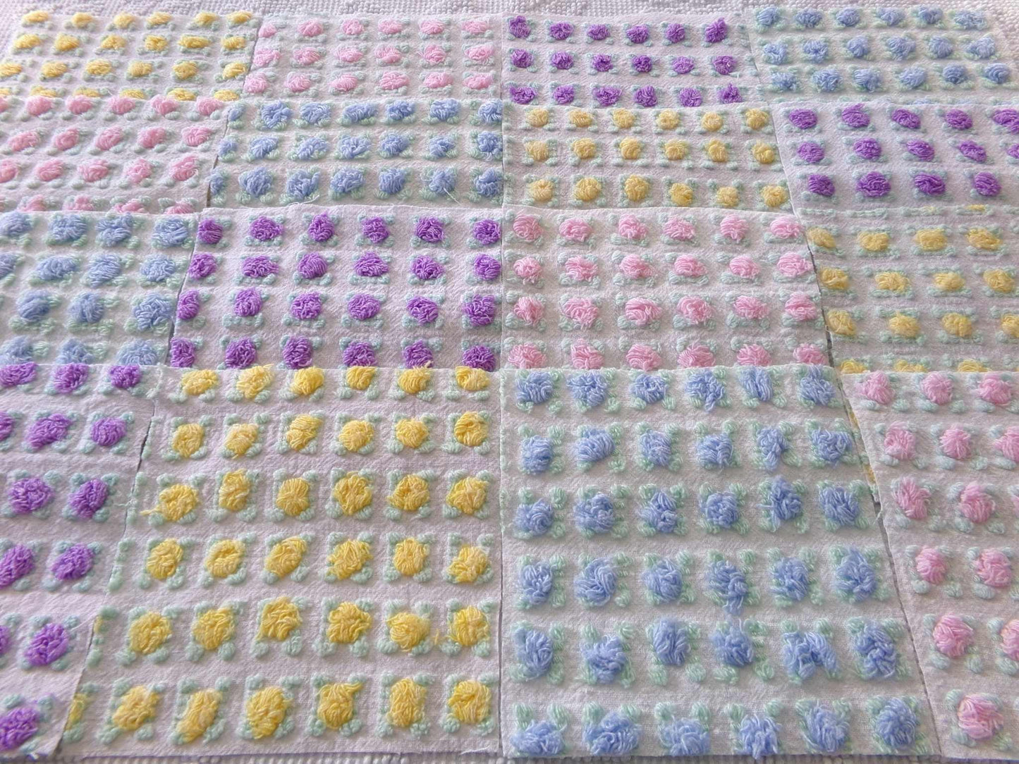 Premium Rosebuds Medley of chenille fabric squares, quilt square set cut from Vintage Chenille Bedspread Fabrics, 16 Blocks, 6" x 6" inch