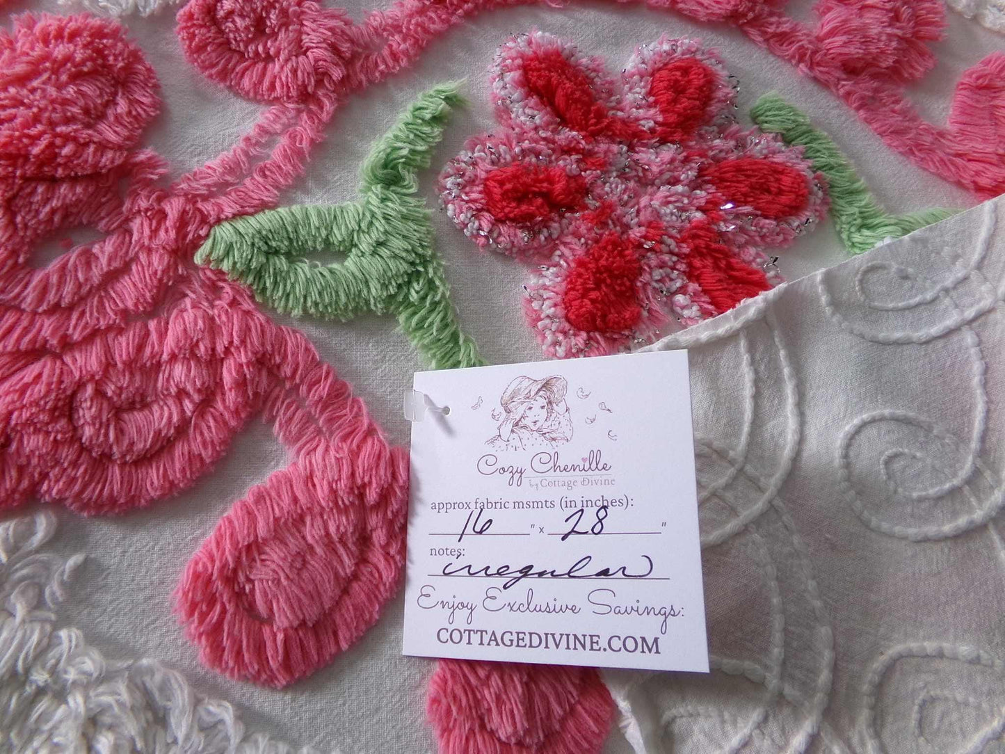 Hourglass Curlicue Vintage Chenille Fabric Piece, Sparkle Rose Flowers, 16" x 28" inches