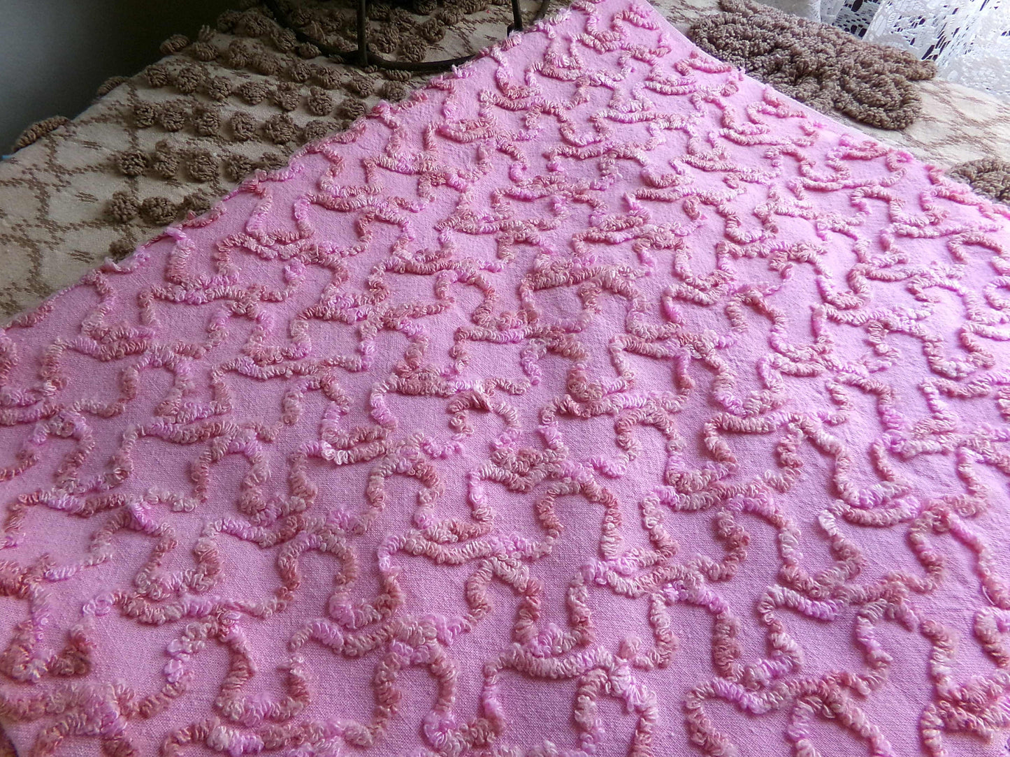 Unique Vintage Chenille Fabric, Marble Pink Texturized Squiggles, 25" x 20" Inch Piece for Quilts, Pillows & Handmade Crafts
