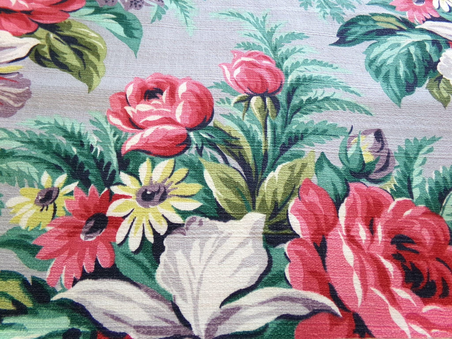 Botanical Vintage Barkcloth Fabric, Tropical Exotic Floral Print on Silvery Grey, 22" x 23" inches, Ideal Fabric Piece for Pillows