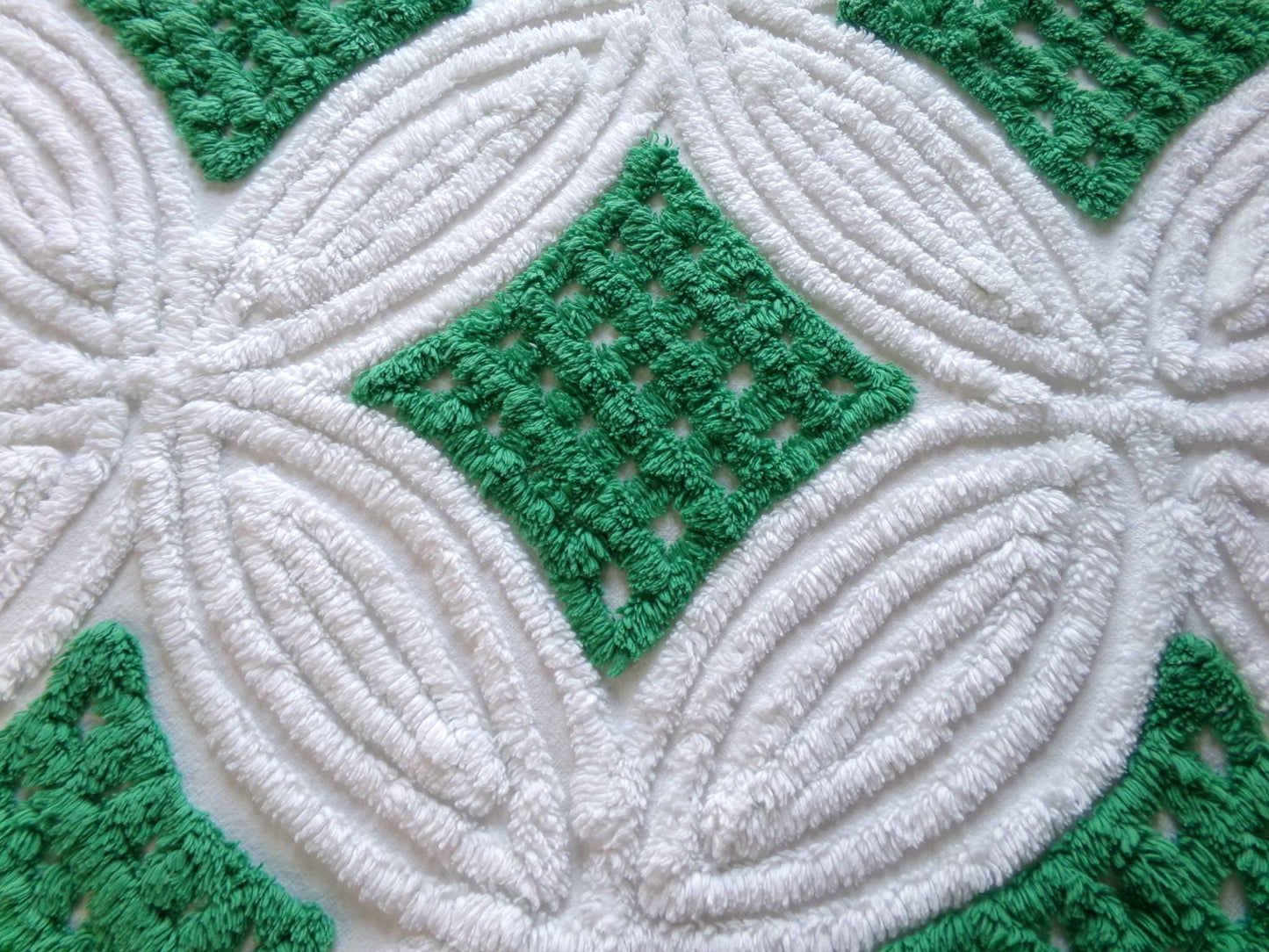 preppy chenille fabric, plush kelly green & white 23" x 20" inch piece of vintage sewing material for pillows, quilting, crafts