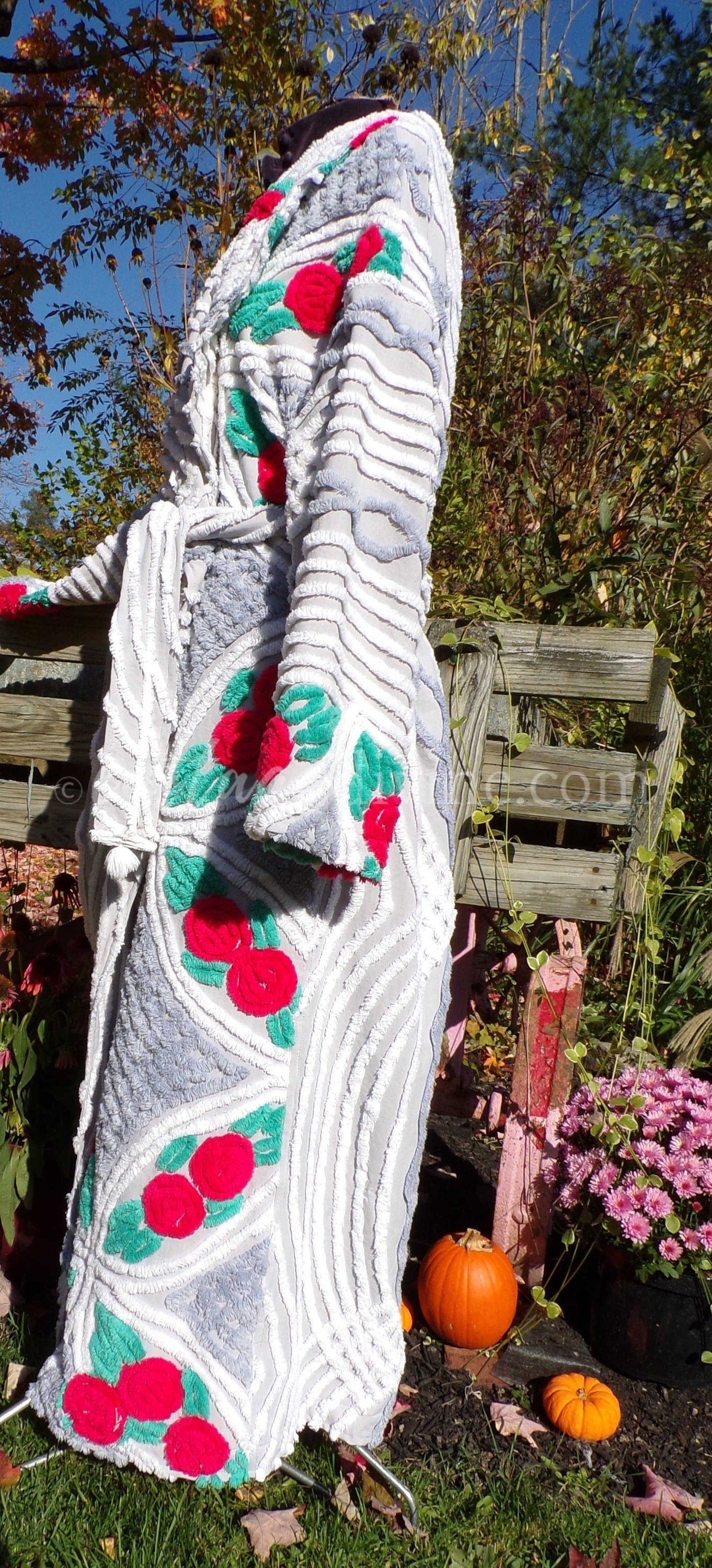 Plus Size Chenille Robe "Lovey Dovey" Red Roses Dove Grey Bathrobe Upcycled from WWII Era Vintage Chenille Bedspread, 1X, 2X Large