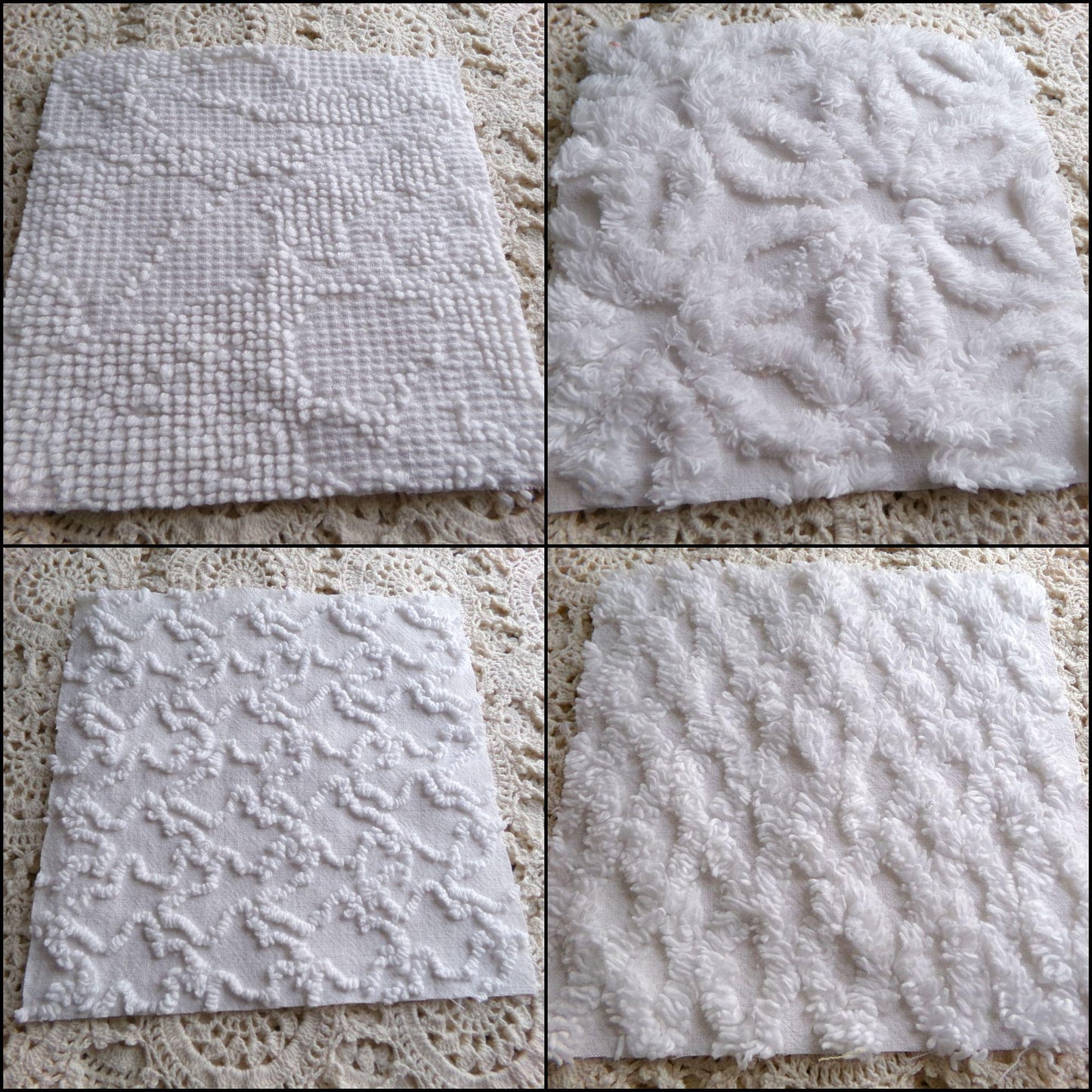 Snow Baby Chenille Fabric Squares Set of 16 White Quilt Blocks, 6" x 6" inches each, Diamond, Squiggle Daisy & Hobnail Texture Patterns