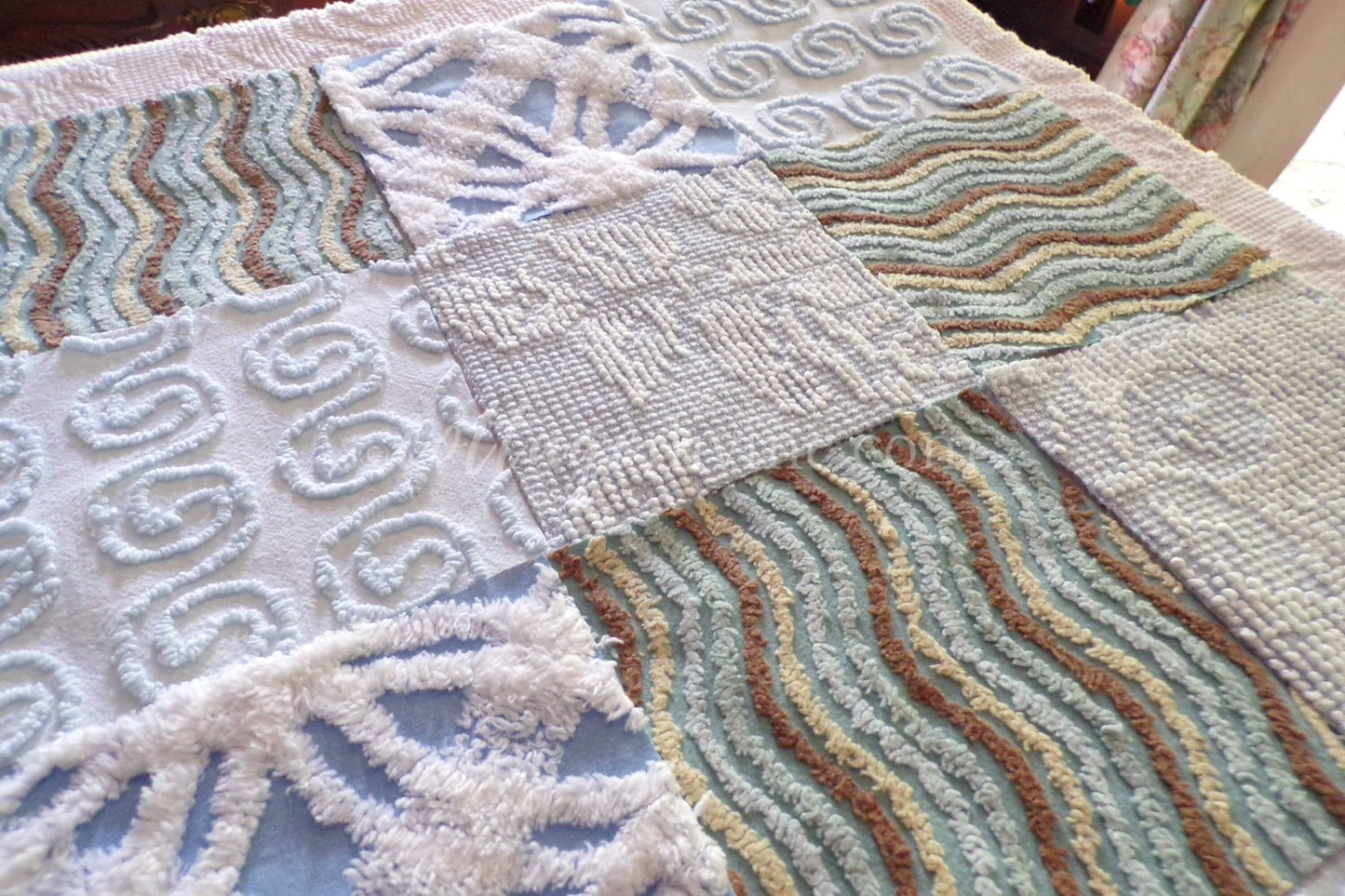 Breezy Blues Fabric Squares from Vintage Chenille Bedspread Fabrics, 17 Blocks Set, 6" x 6" inch, for Slow Stitching, Junk Journals, Quilt