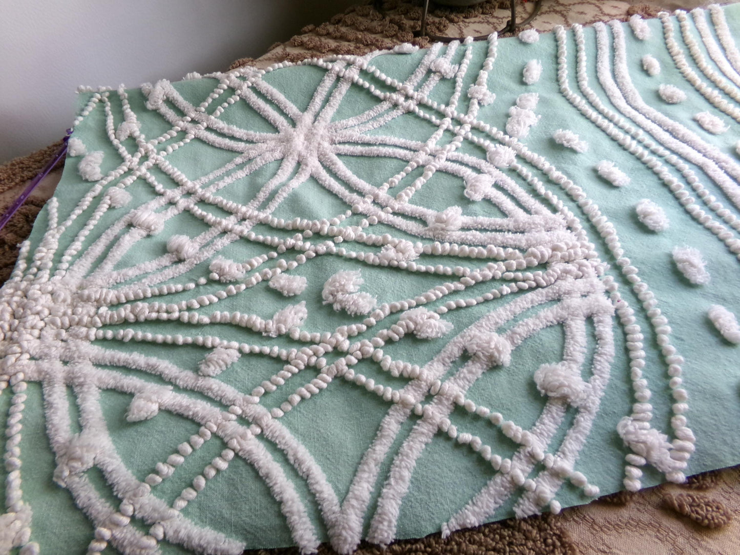 spiderweb jade green vintage chenille fabric, unique texturized web pattern on this 18" x 23" inch piece of sewing material