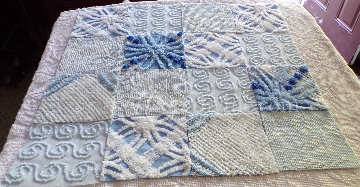 Boho Blues Fabric Squares Set, from Vintage Chenille Bedspread Fabrics, 16 Blocks, 6" x 6" inch