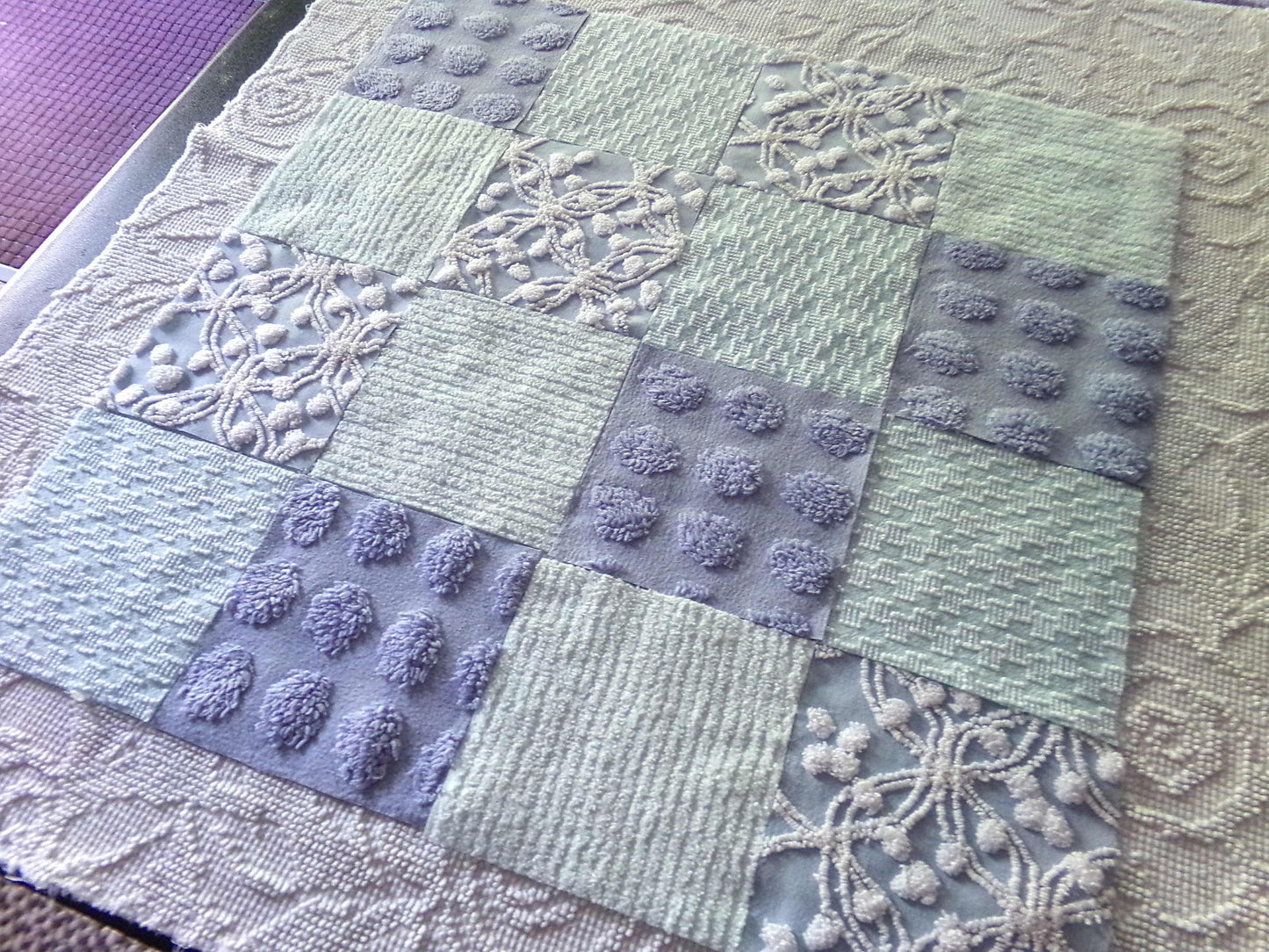 Spa Day Chenille Fabric Squares Set, 16 Vintage Quilt Blocks, 6" inch in Blue, Cool Aqua & White