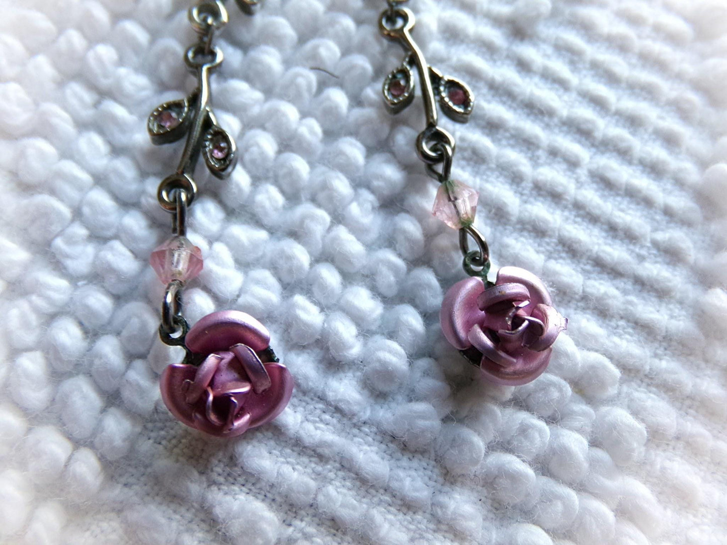 Simple Pink Rose Dangle Pierced Earrings, Vintage Silver Forest Boho Style Jewelry, Dainty Floral With Pink Faux Stones in Little Leaves