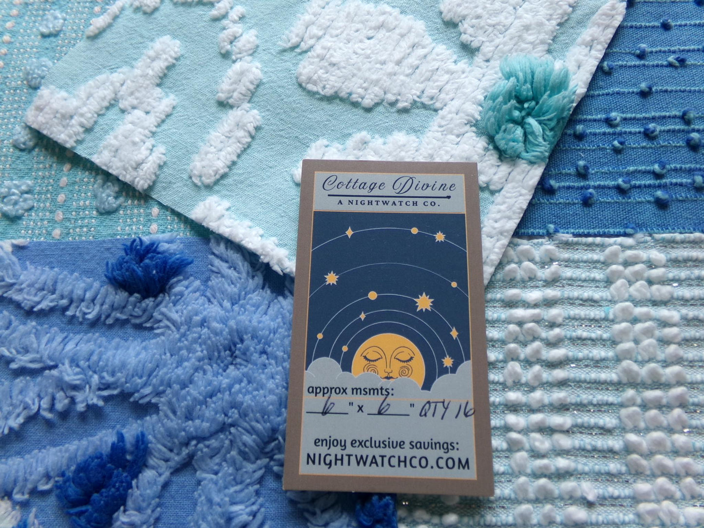 mermaid kisses chenille fabric squares, set of 17 vintage blue & aqua 6" craft blocks, chic designs for quilt inlays, pillows, fiber arts