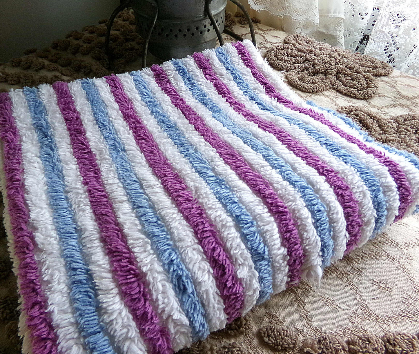 Blue Raspberry Striped Vintage Chenille Fabric, 18" x 24" Piece, Soft Plush Stripes