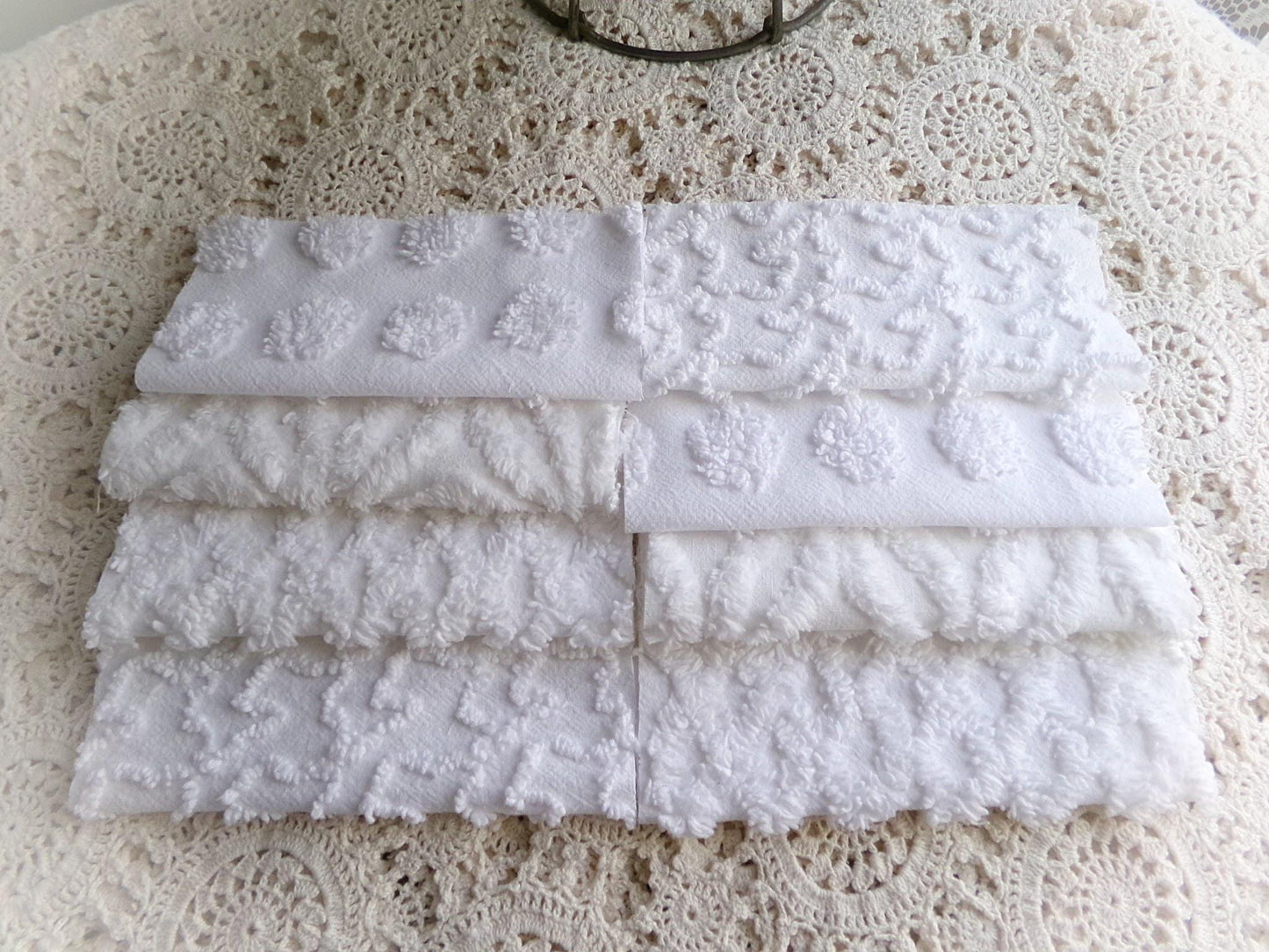 cherub feathers white chenille fabric squares, cut from vintage chenille bedspreads in popular patterns, set of 16 quilt blocks, 6" inch ea