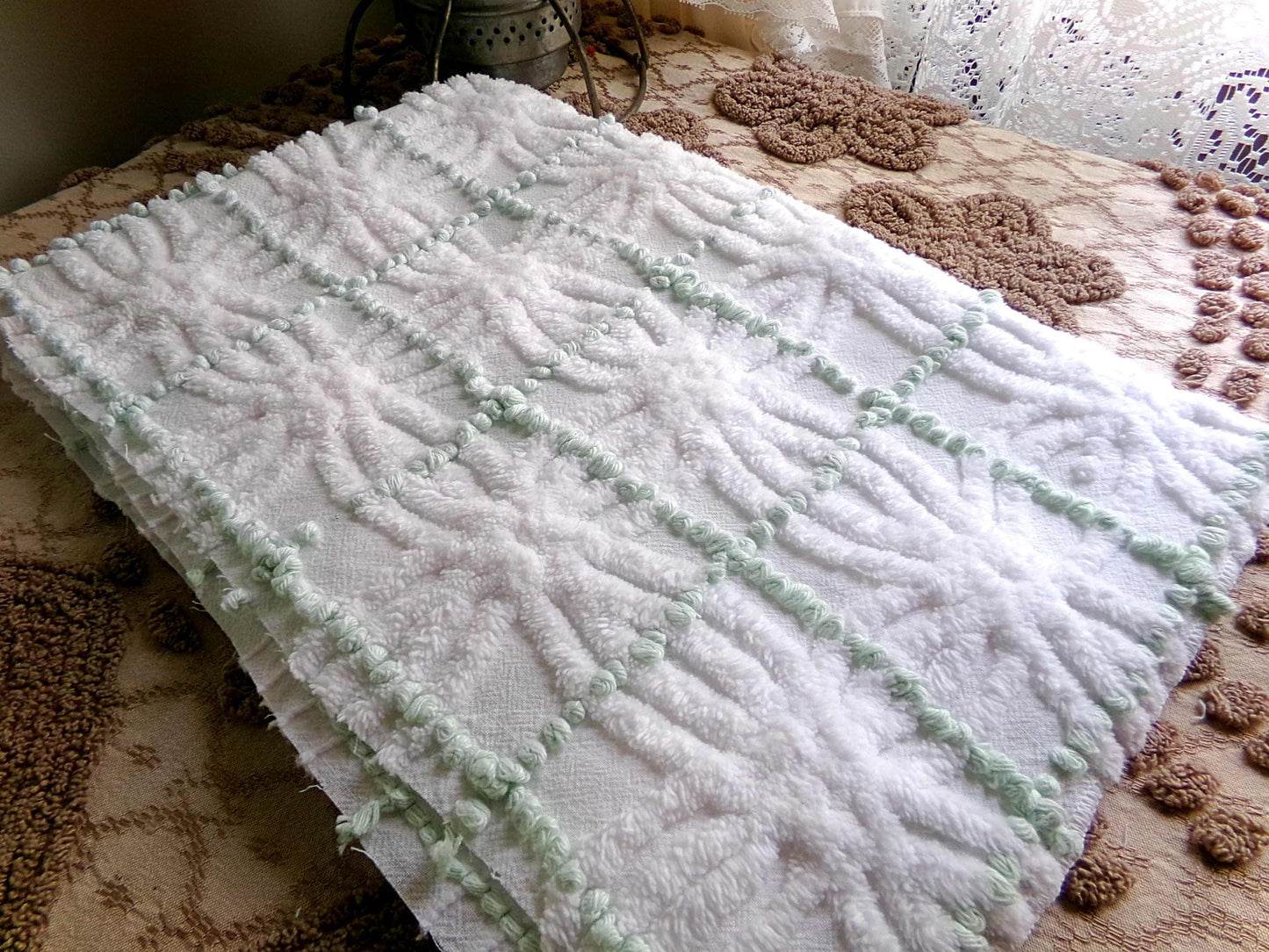 Popular Vintage Chenille Quilt Fabric, Mint Green Pearl Pops & White Spider Rings, 25" x 18" inch Piece