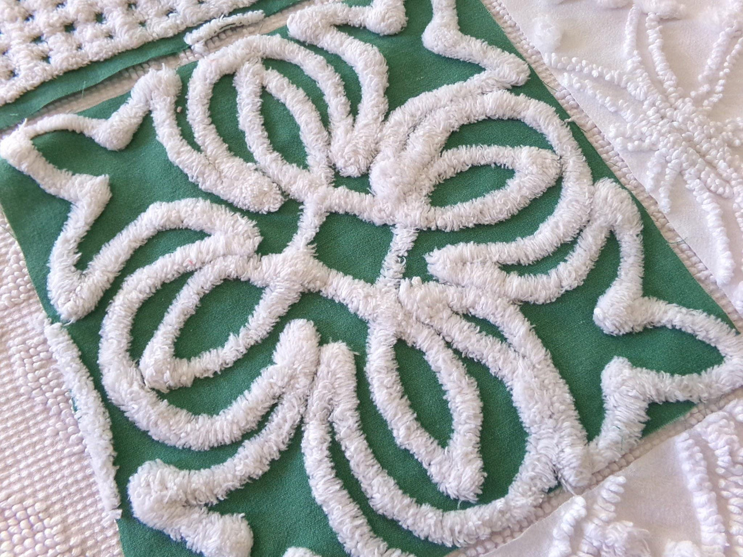 green & white chenille fabric squares, set of 6 large 9.5" square craft and quilt blocks, cut from vintage chenille bedspreads