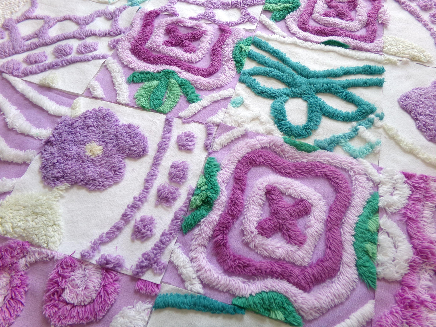 vintage chenille fabric squares: set of 16 lavender & lilacs, teal white cotton 6" quilt blocks