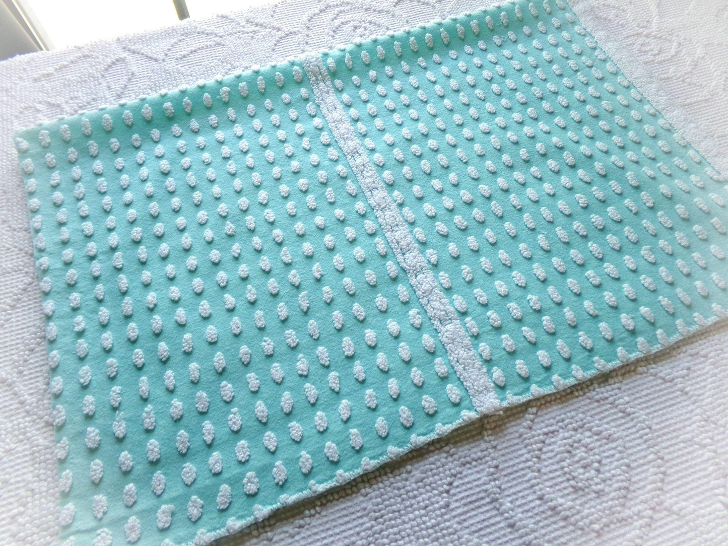 nubby elongated pops vintage chenille fabric, shabby unique 18" x 24" cut piece, white dots on aqua teal lightweight cotton