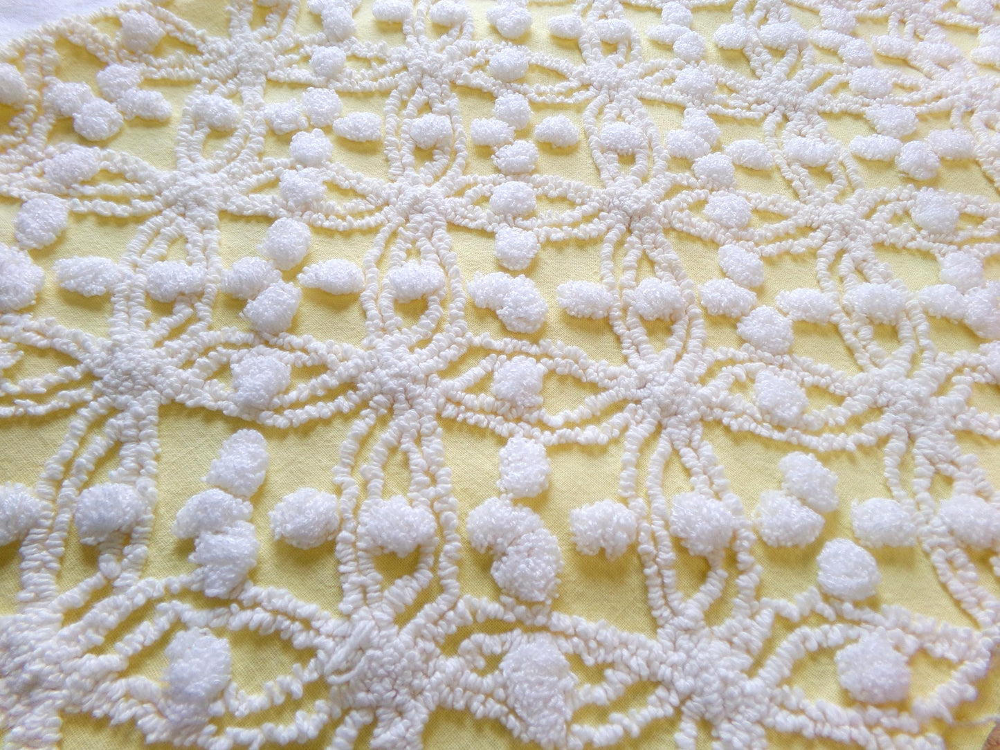 sunny yellow vintage chenille fabric, 20" x 24" piece of craft material for sewing, quilting in white overtufted pops & spider ring pattern
