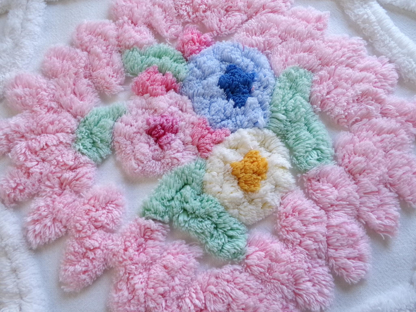 heavenly cottage chic vintage chenille fabric, heavy tufted frosted wedding cake floral 17" x 23" inch piece of pink & white sewing material