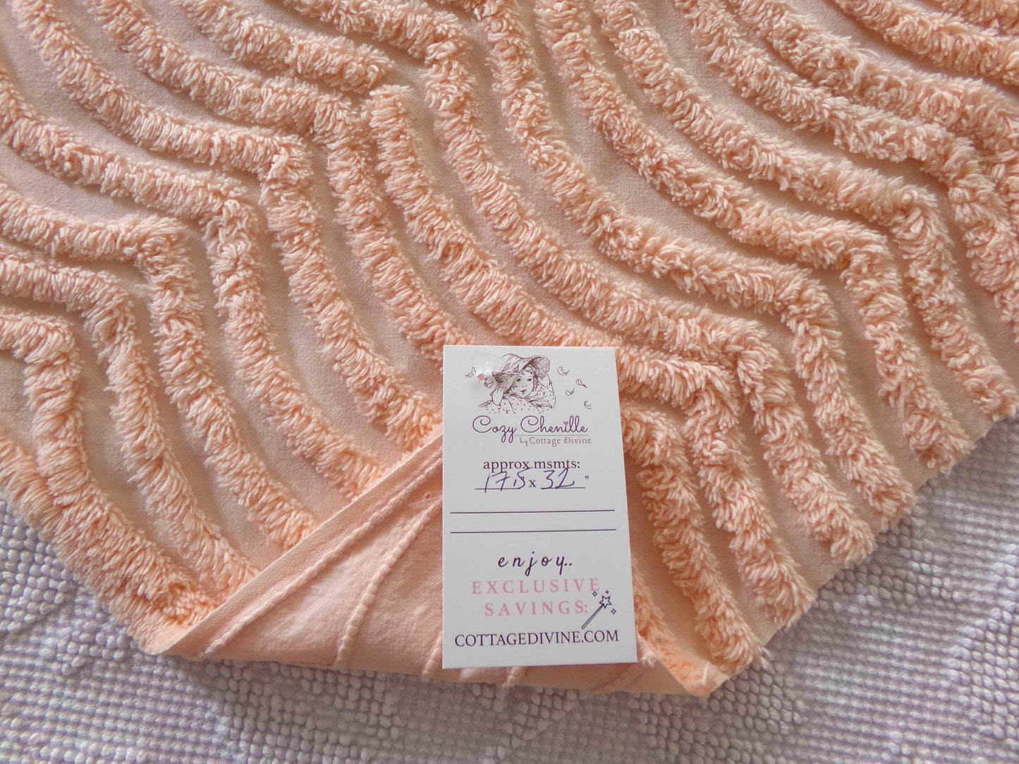 swirling peach waves vintage tufted fabric, 17.5" x 32" inch piece, plush chenille texture, sewing material for quilts, pillows