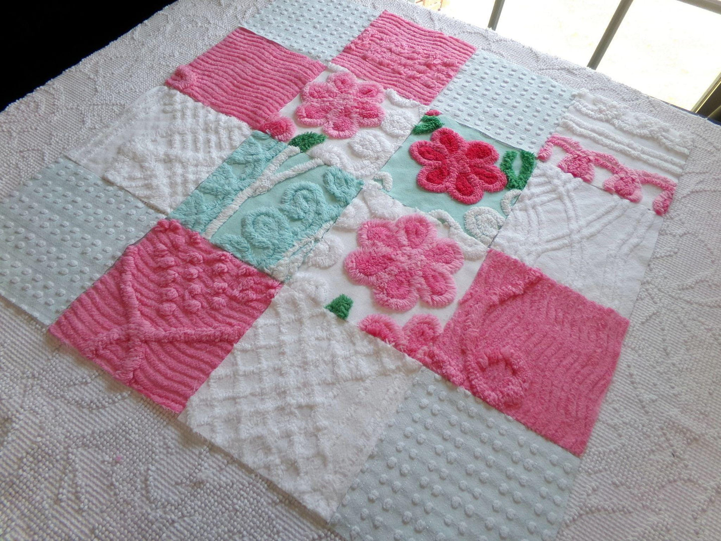 seafoam & pink 6" chenille squares, set of 16 quilt blocks rotary cut from vintage chenille bedspread fabrics