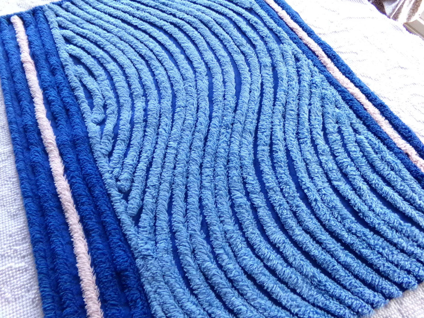 ocean waves chenille fabric, deep velvety mystic blue, 19" x 25" inch piece of vintage sewing material for pillow, quilts, doll blankets
