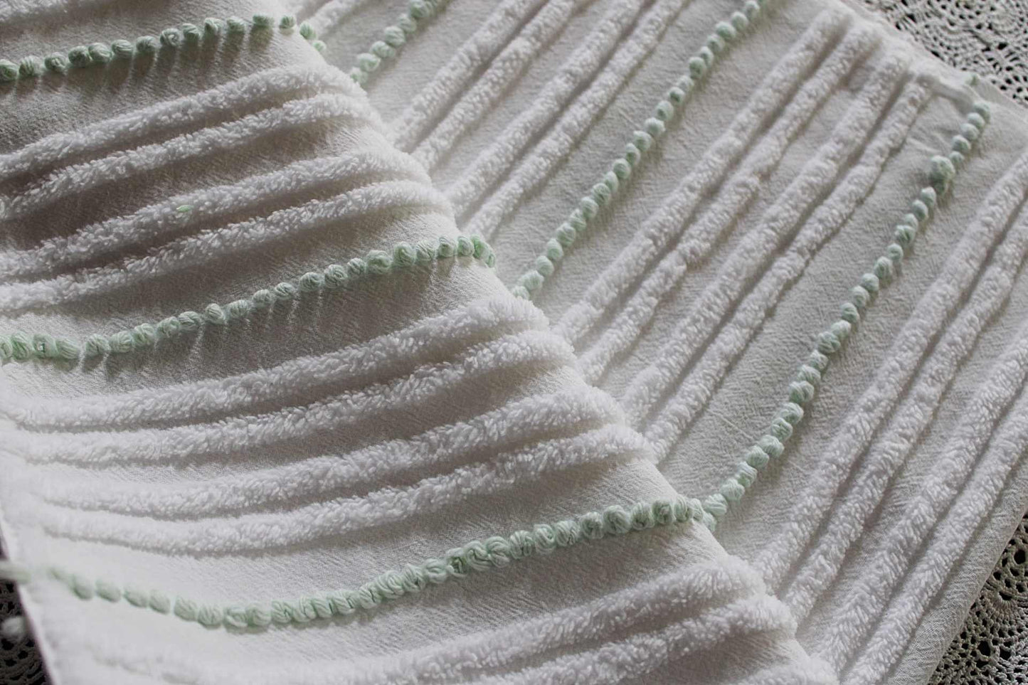 Mint Green Pearl Pops Vintage Chenille Quilt Fabric, White Skinny Stripes, 17" x 23" inch Piece, 100% Cotton