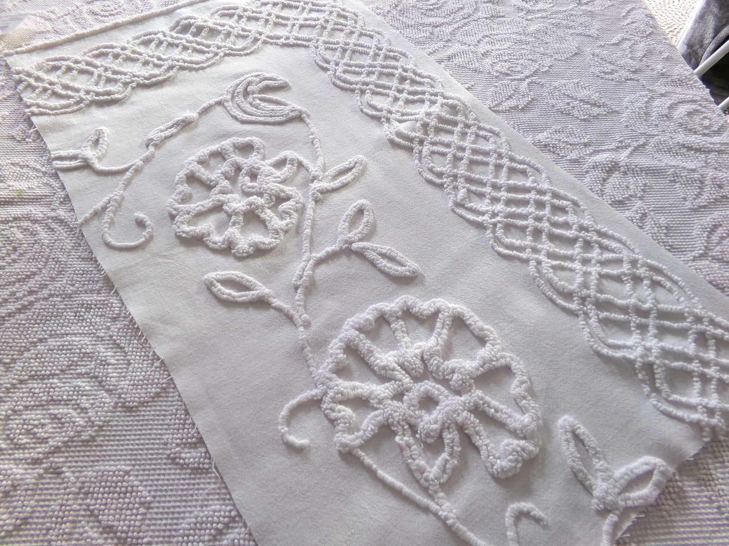 sophisticated white floral vintage chenille fabric, cotton sewing material, 15" x 27" inch piece for crafts & quilting