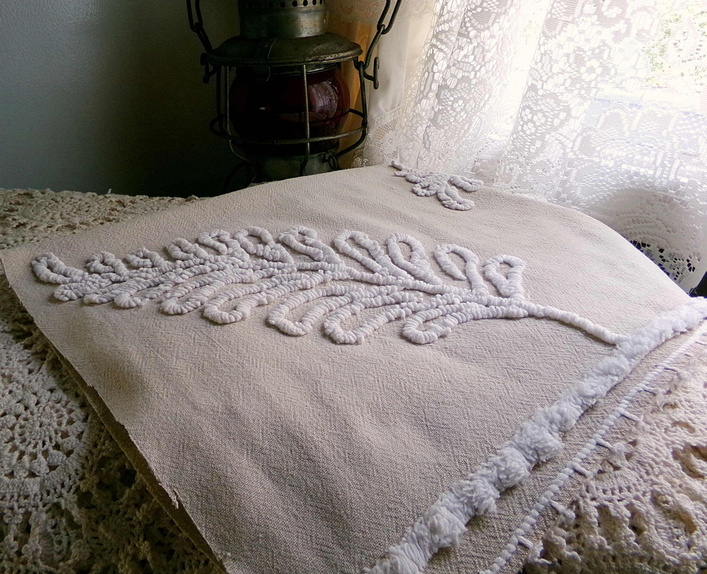 falling leaves vintage chenille fabric, 24" x 21" inch piece, simple shabby needletuft large leaf design on mocha