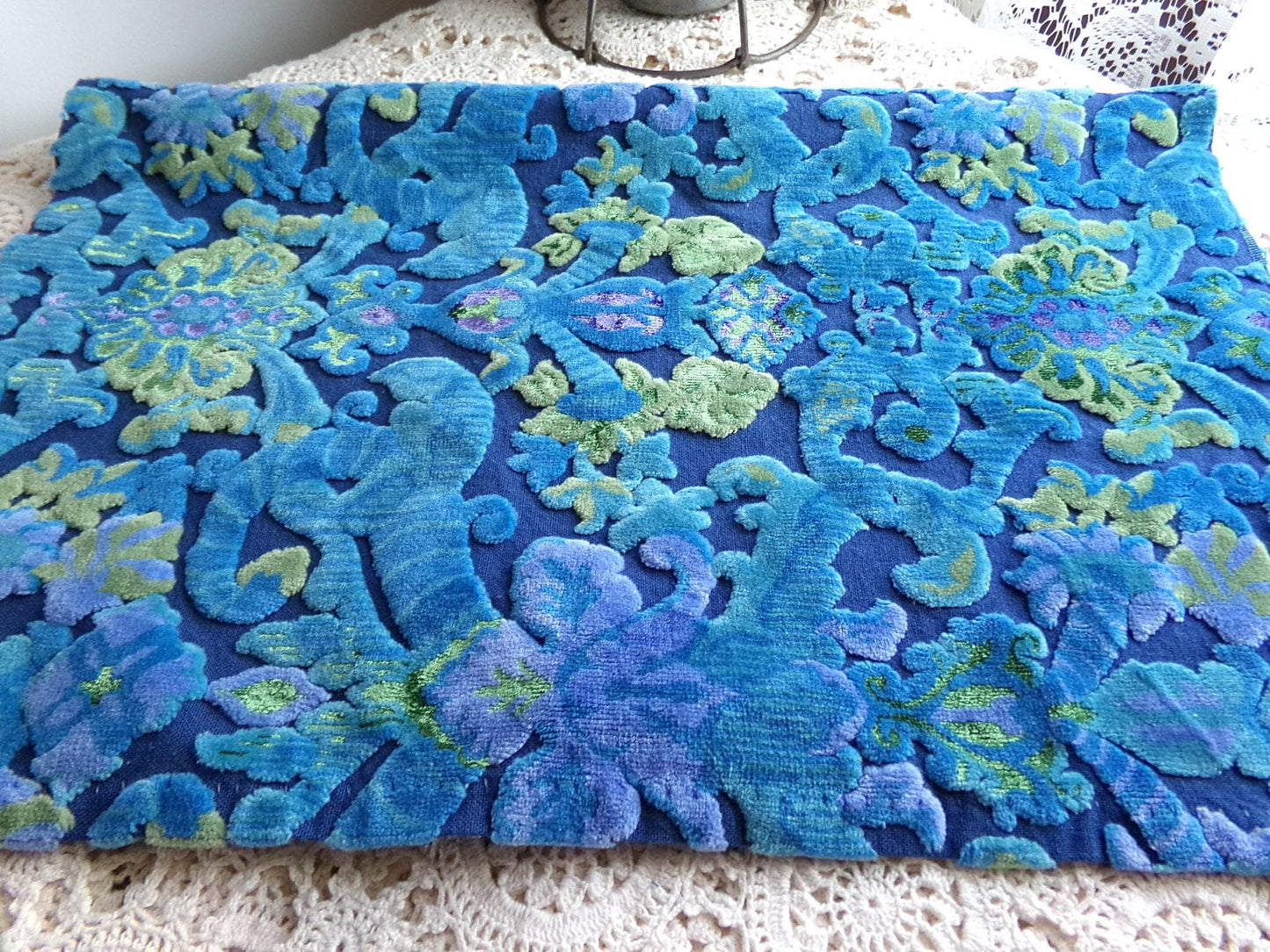 celestial vintage cut velvet fabric, midnight blue mystic Bates tapestry chenille, 18" x 22" inch piece, sewing material for boho bags