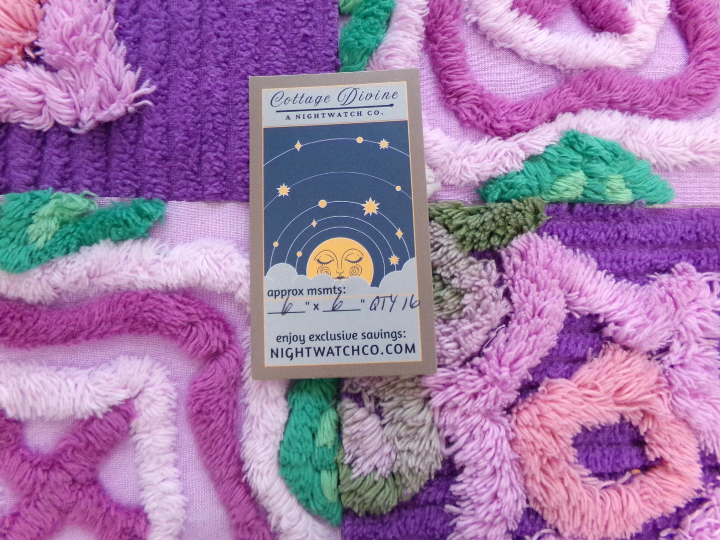 moondance chenille fabric squares, set of 16 vintage 6" craft blocks, lavender purple roses & white for quilt inlays, pillows, fiber arts