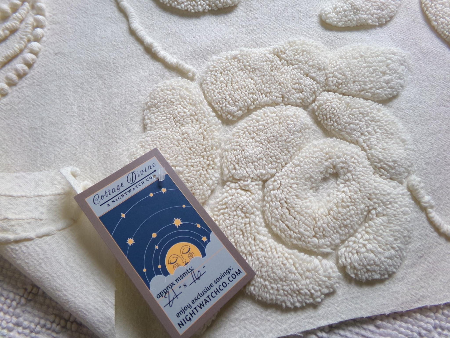 stylized ivory roses vintage chenille fabric, 100% cotton 16" x 21" cut piece w/ sprawling heavily tufted rose design for crafts, sewing