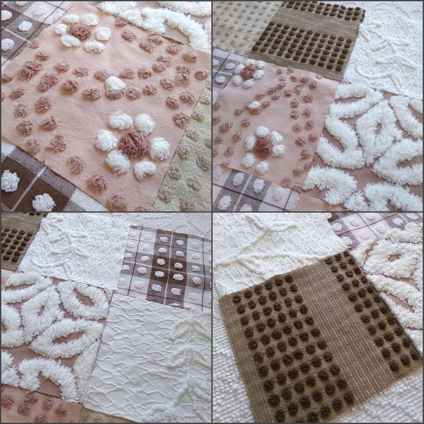 vintage 6" chenille squares, "boho girl" set of 16 quilt blocks, rotary cut from vintage chenille & matelasse bedspread fabrics