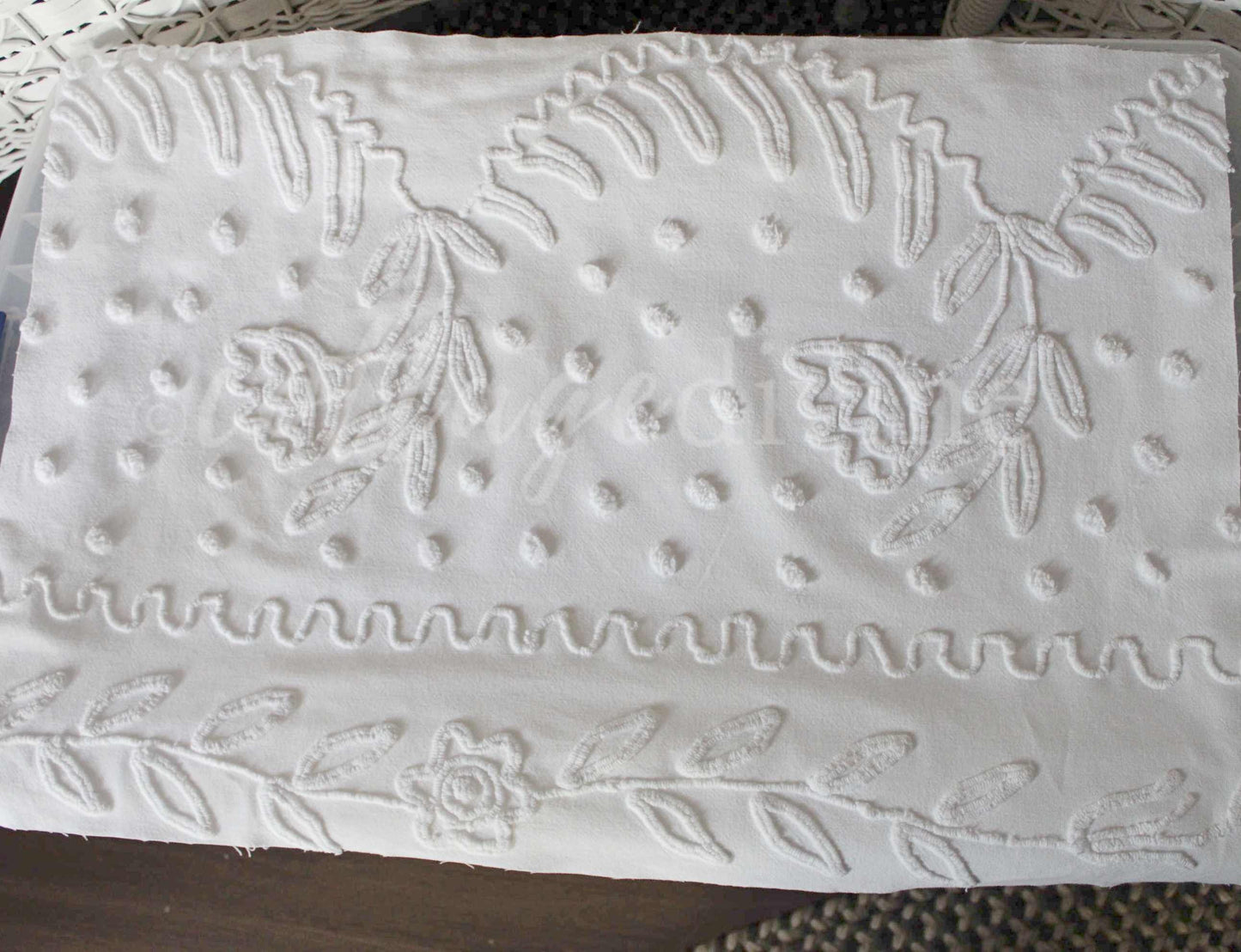 Lily White Dot Vintage Chenille Fabric Piece, 19" x 27" inches, Beautiful Farmhouse Style