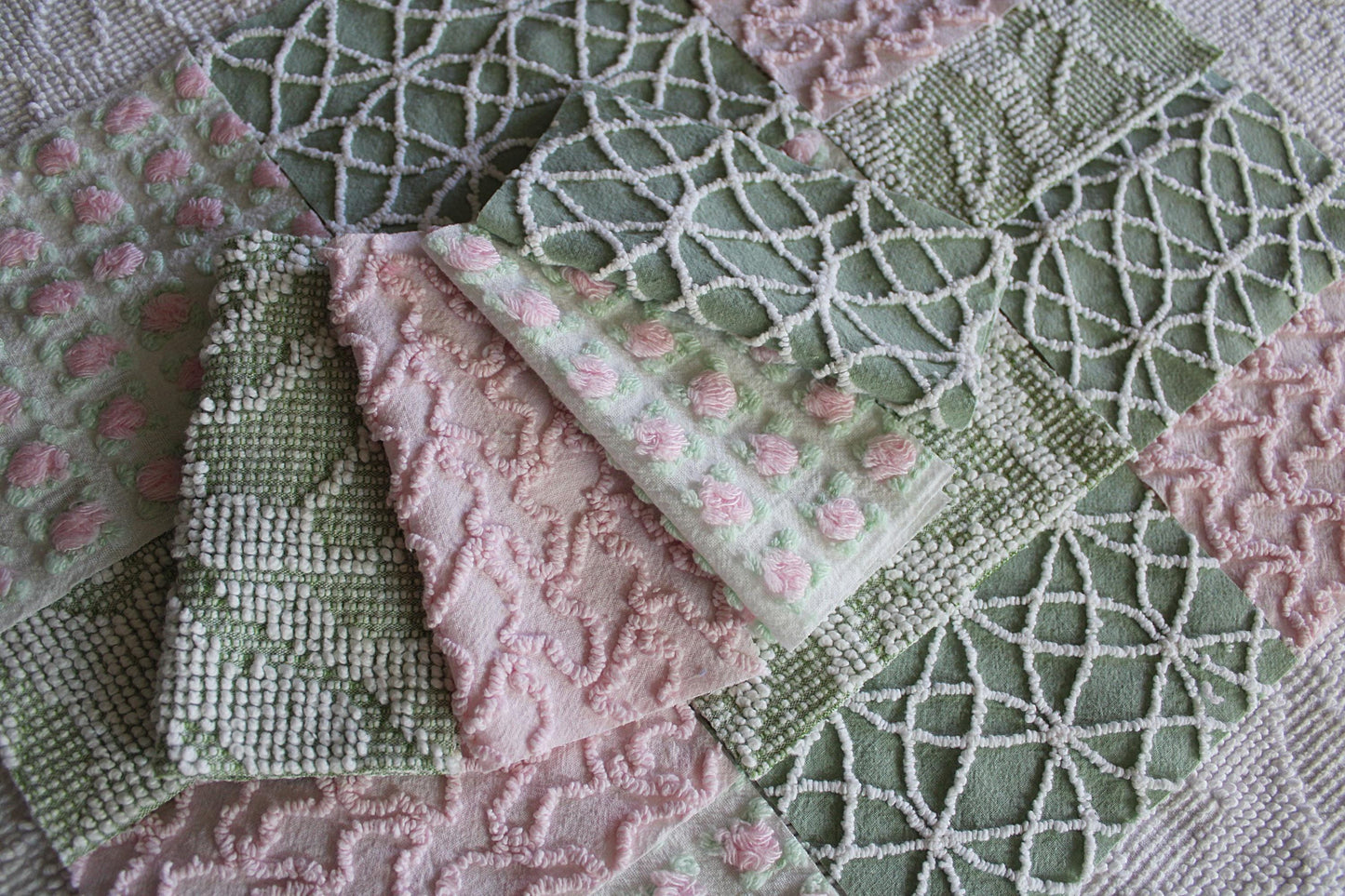 rosy romance chenille fabric squares, set of 16 vintage quilt blocks 6" inches ea, squiggle, hobnail, rosebud texture in jade & pink rose