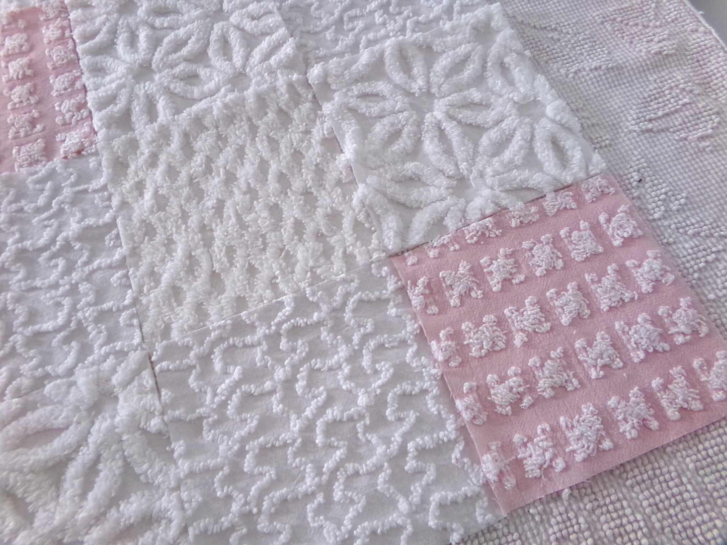 angel wings chenille fabric squares, pink & white rosebud, lattice, dots, squiggles, vintage square set of 16 quilt blocks, 6" x 6" inch