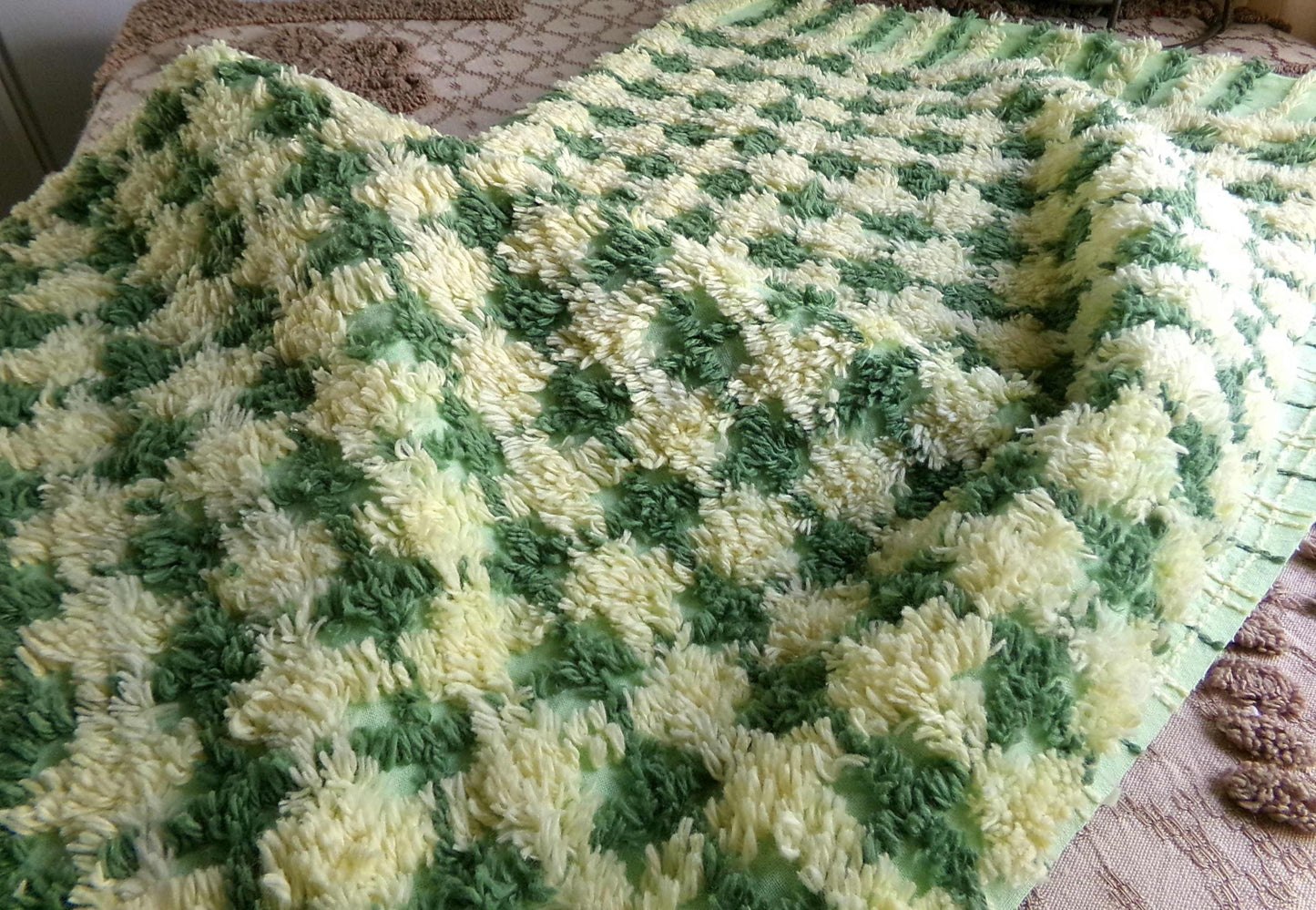 Cheerful Green & Yellow Plaid Vintage Chenille Fabric, 21" x 23" inch Piece, Soft Cotton Blend