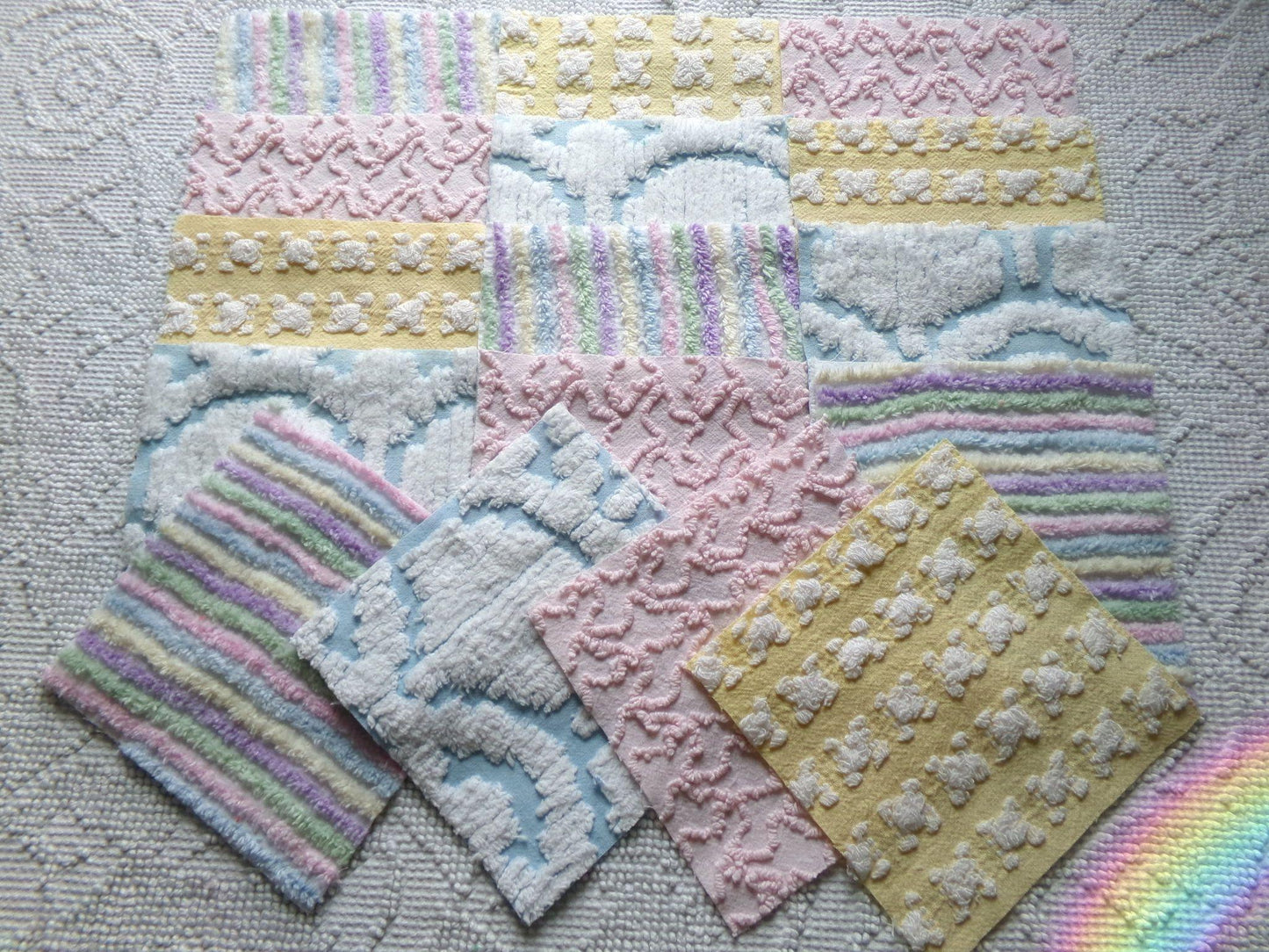 fairyland chenille fabric squares, 16 vintage 6" quilt blocks in pastel rainbow, pink & yellow rosebud, for sewing, crafts, fiber arts