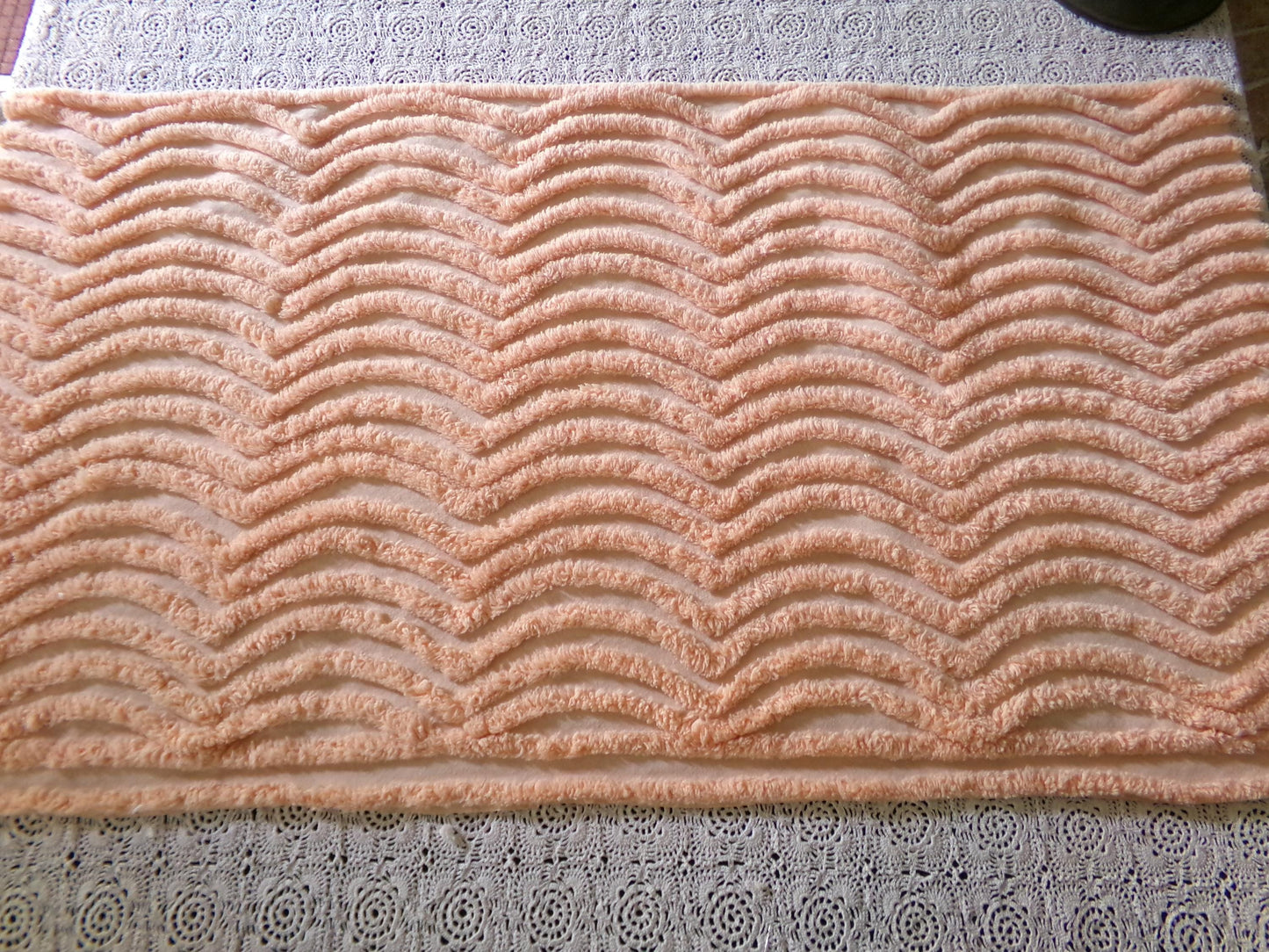 swirling peach waves vintage tufted fabric, 17.5" x 32" inch piece, plush chenille texture, sewing material for quilts, pillows