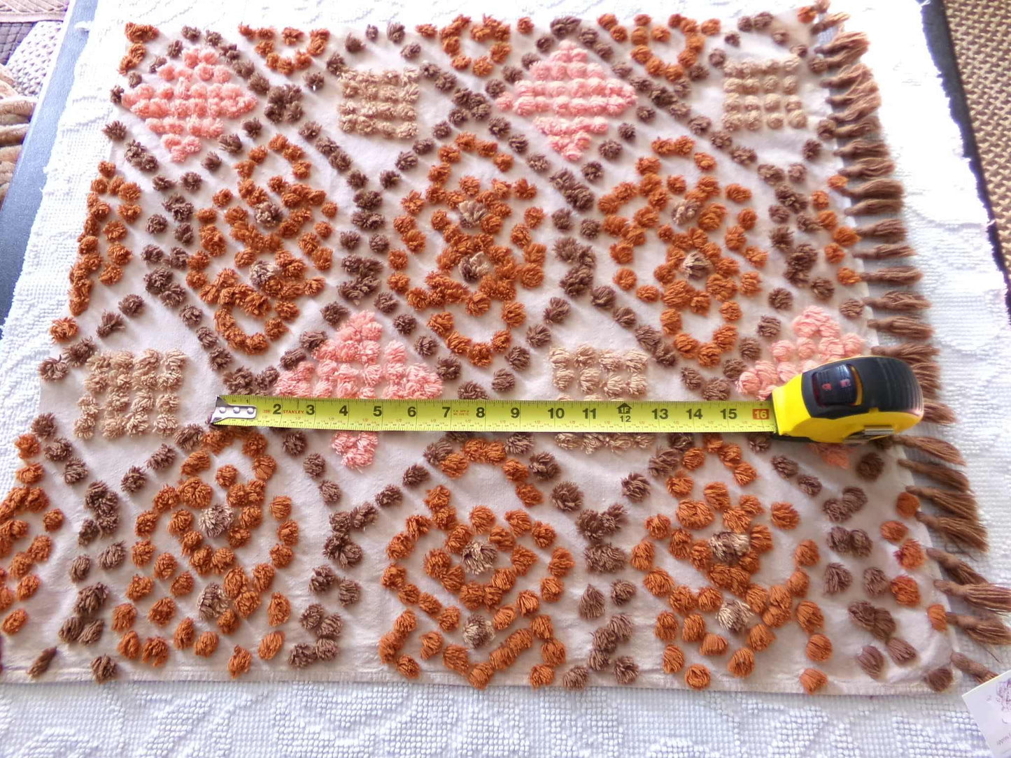 boho vintage chenille fabric, earthtones toasted brown, rust, sunset peach, 21" x 24" cut piece hippie style cotton sewing material