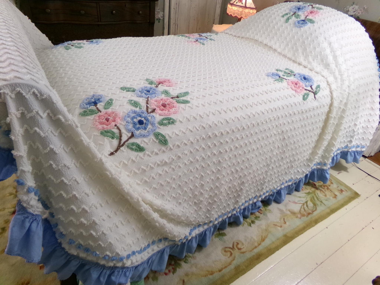 beach cottage seersucker vintage bedspread with tufted chenille zig zags, pink & blue flowers, ruffle accent, twin or full size bedding