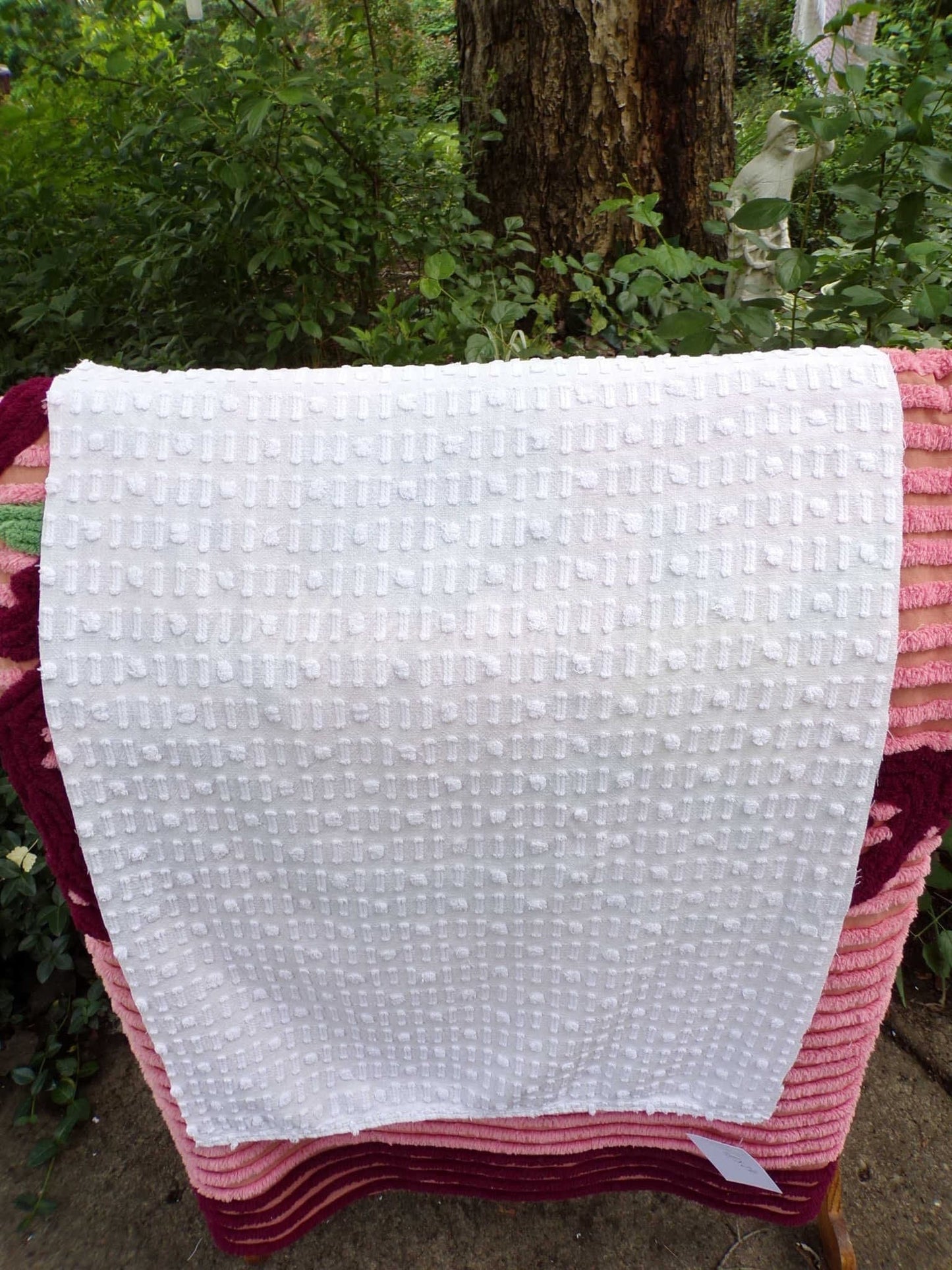 vintage white chenille fabric: dainty dot dash design, 18" x 24" piece
