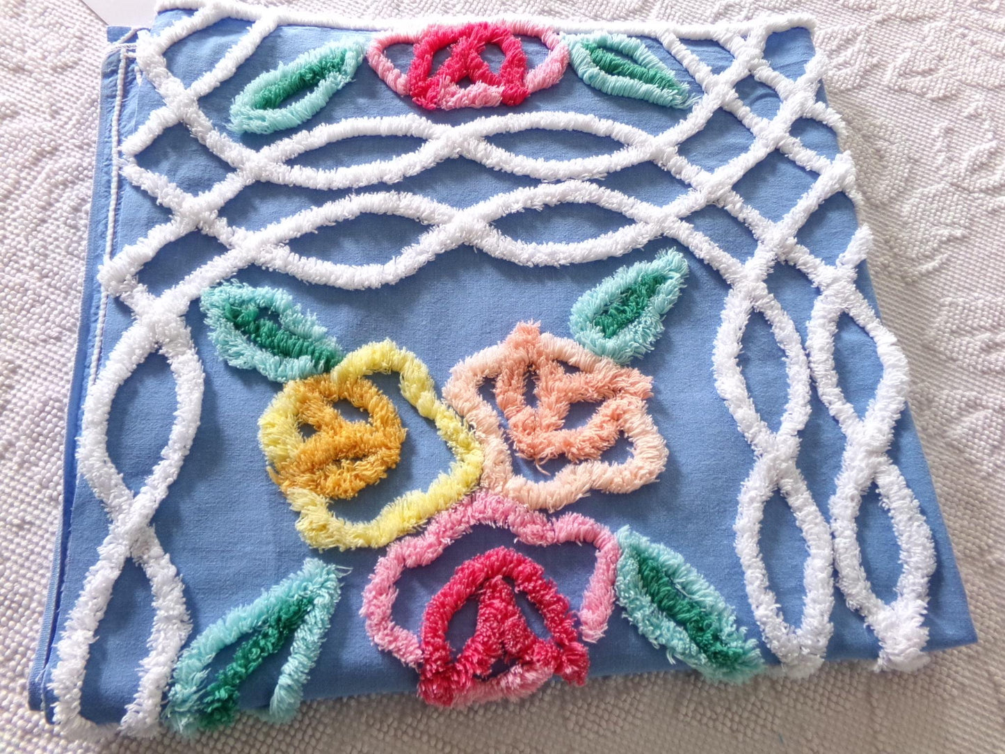 Seaside Summer Florals Blue Vintage Chenille Fabric, Pretty 30" x 26" inch piece