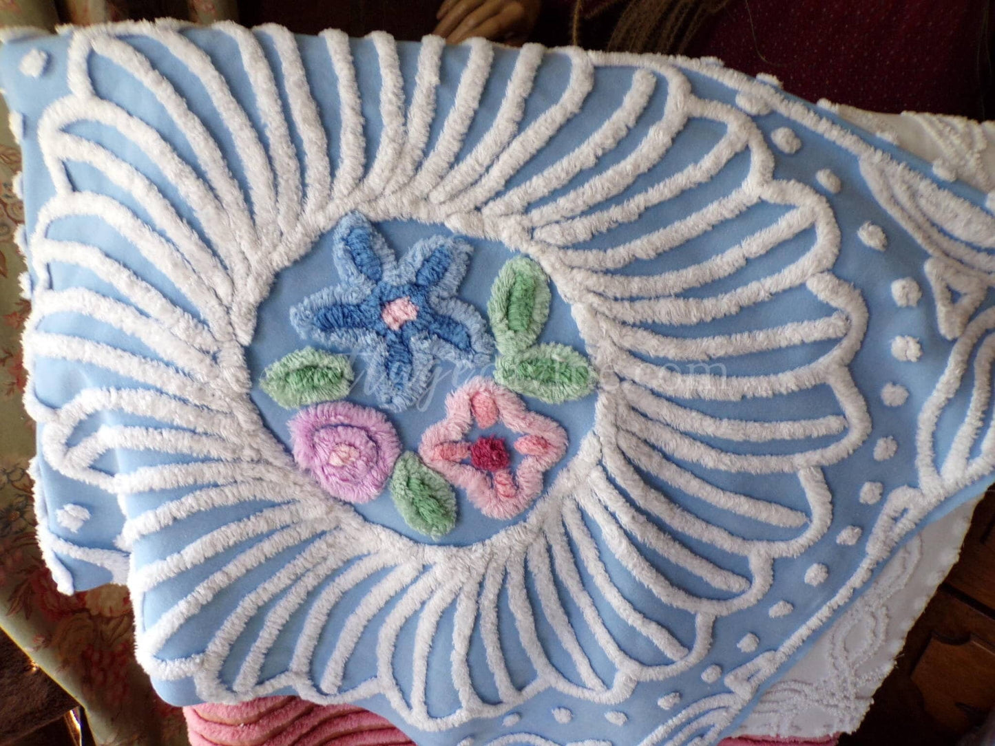 Beautiful Cottage Chic Doily Floral Vintage Chenille Fabric Piece, 25.5" x 38", for DIY Pillows & Quilts