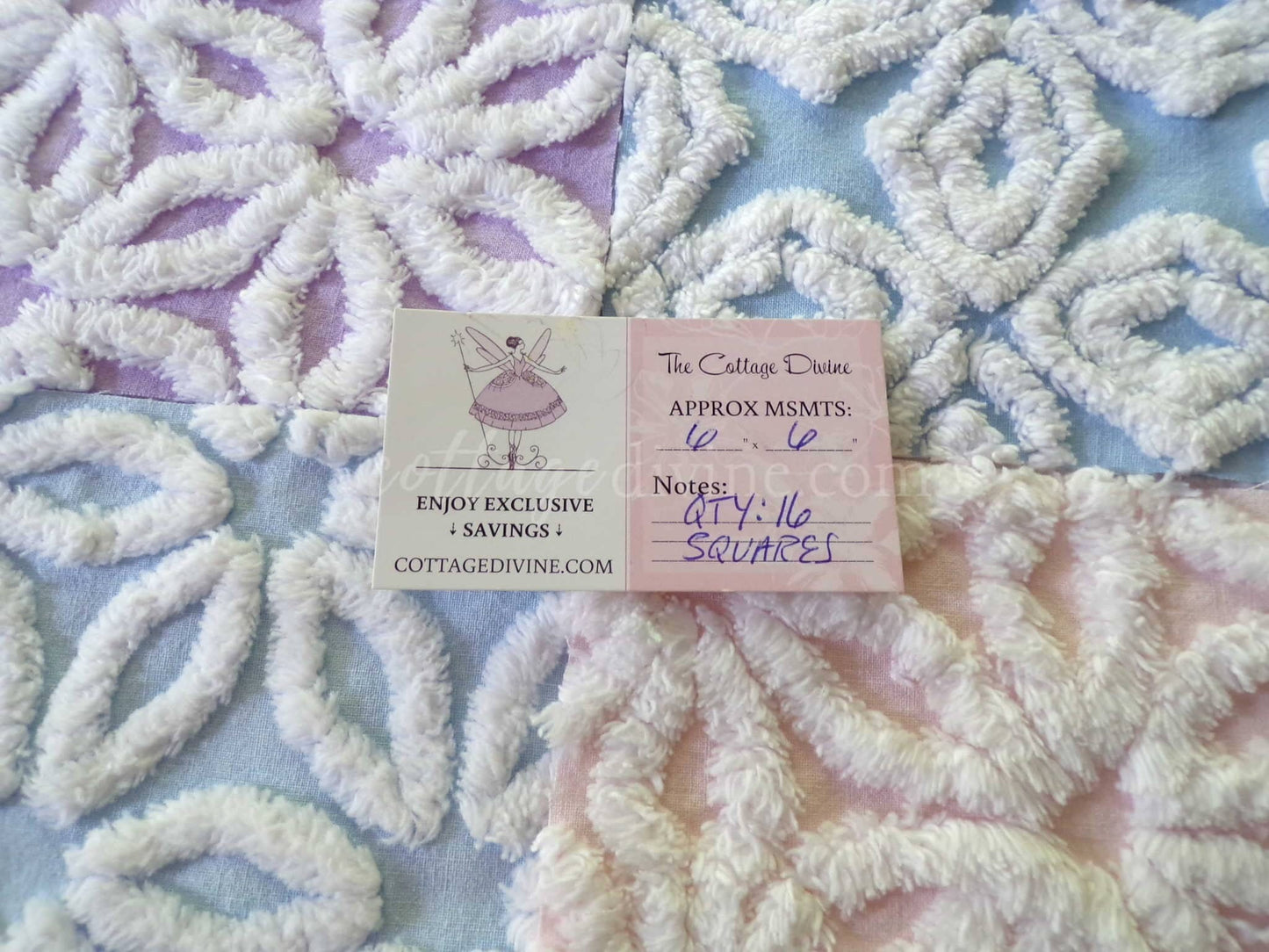 fluffy pastel vintage chenille fabric squares in pink, blue & lilac white, set of 16 quilt blocks, 6" x 6" inches each for quilting, crafts